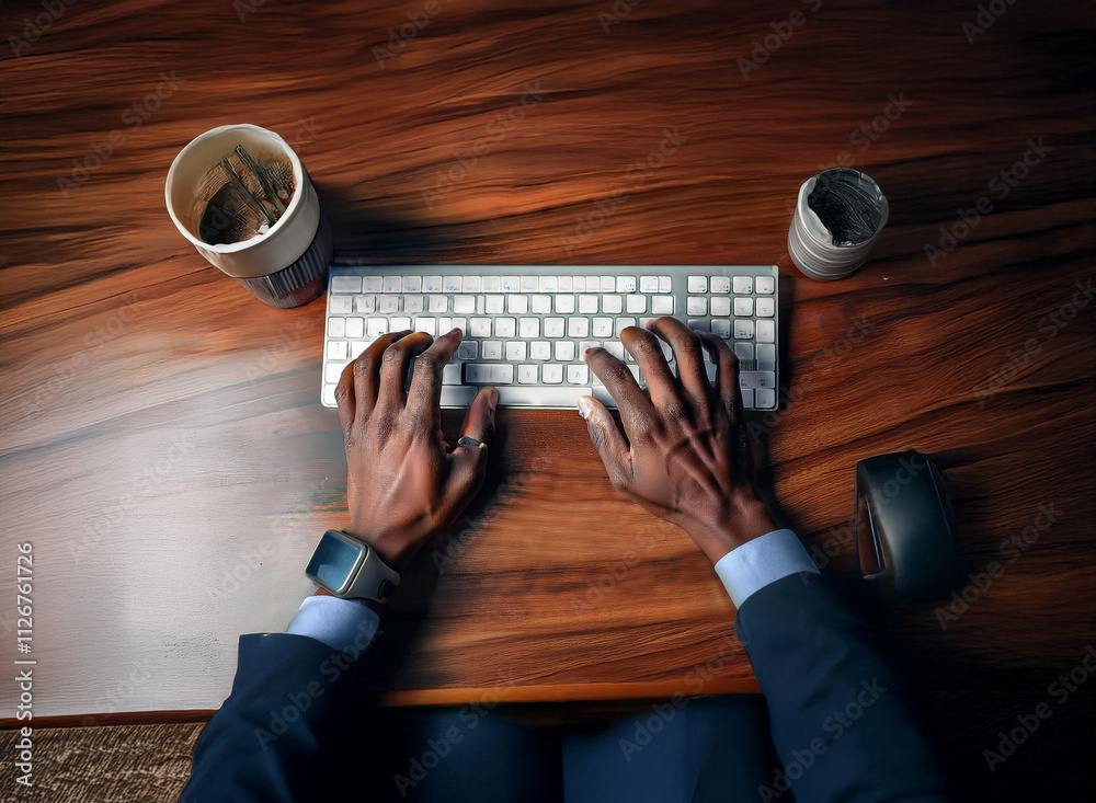Poster overhead view of person's hands typing on a keyboard at a dark wooden desk. empty cups and a mouse a