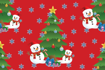 Cute and cheerful Christmas snowmen seamless pattern on red background.