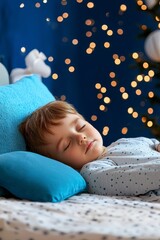 Furnace filter dust filter and air circulation concept. Peaceful child sleeping on a cozy bed with bokeh background.