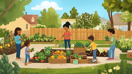 An inclusive family gardening in their backyard, with fruits and vegetables growing, compost bins in use, and children learning about sustainability in a hands-on way.