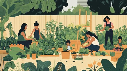 An inclusive family gardening in their backyard, with fruits and vegetables growing, compost bins in use, and children learning about sustainability in a hands-on way.