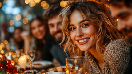 Happy people celebrating holiday dinner, festive gathering, friends and family, Christmas cheer, warm atmosphere