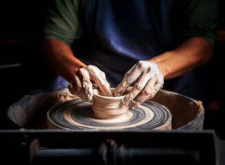 Close-up of hands shaping clay on a pottery wheel, illuminated in a dark workshop. The artisan's focused movements create a small bowl.