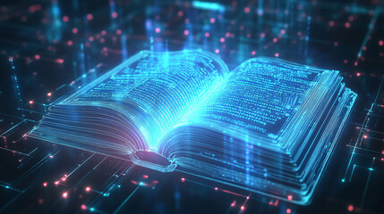 Obraz premium A futuristic book icon made of glowing lines, with data streams representing online libraries, e-books, and digital publishing. 