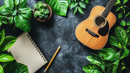 Fototapeta premium Acoustic guitar, notebook, pencil, and lush green plants on dark background.