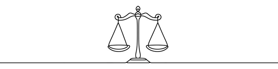 One continuous line illustration of a balance scale, isolated on white background. Line art of a balance scale.