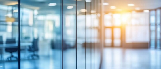 Abstract Blurred Office Interior with Glass Partitions and Sunlight