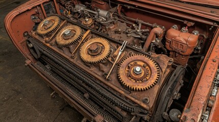 Mechanics repair and engine restoration, A close-up of a rusty engine with visible gears, showcasing mechanical details and vintage machinery in a workshop setting.
