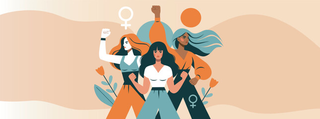 Naklejka premium Vector flat design of strong women, women's day, feminism. Different women standing together in solidarity, strength and unity. Gender equality and women empowerment. For social media, posters