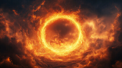 Ethereal fire ring phenomenon sky digital art dramatic atmosphere aerial view rebirth concept