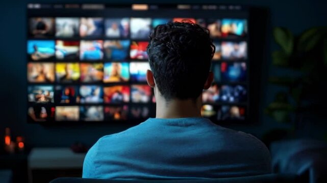 Backview Of Caucasian Man Looking at Animated Stream Of Online Interfaces With Social Media, Fintech Services, e-Commerce Shopping, Internet Influencers, And Video Games. Visualization Of Web Network