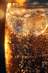 close-up of sparkling bubbles rising in glass of soda water glowing softly under natural light with generous copy space