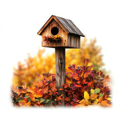 A charming wooden birdhouse surrounded by vibrant autumn foliage.