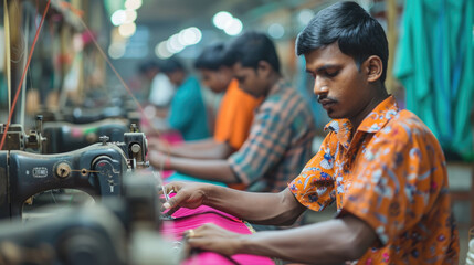 Skilled textile worker in colorful shirt operating sewing machine in busy Indian garment factory, showcasing authentic manufacturing process and traditional craftsmanship