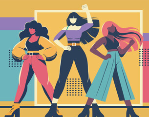 Vector illustration flat team of different women symbolizes strength, unity and movements for gender equality, women empowerment on bright background. Women's community, sisterhood, activists together