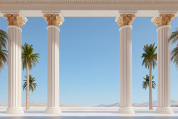 Obraz premium Colonnade, A serene outdoor scene featuring elegant columns framed by palm trees and a clear blue sky, evoking a sense of tranquility and classical beauty.