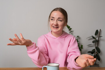 Funny portrait girl with braces at home