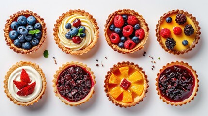 Tart Treasures: Vibrant tarts with sweet and savory fillings on a white transparent background
