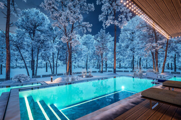 3d rendering of modern two story house with gray and wood accents, large windows, parking space in the right side of the building. Christmas garlands at New Year holidays