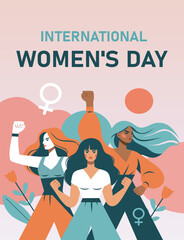  Women's day. Feminism. Vector flat illustration of different women standing together in solidarity, strength and unity. Projects for empowerment, protection and opportunities of women, social network