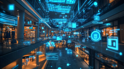 A futuristic shopping mall icon with floating data layers representing e-commerce, customer analytics, and online retail strategies. 