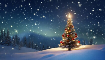 Breathtaking D Rendering of a Fantastic Winter Landscape Featuring a Beautifully Decorated Christmas Tree, Perfect for Holiday Backgrounds and Seasonal Celebrations