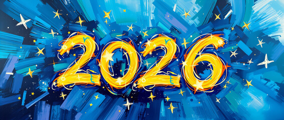Fototapeta na wymiar Nowy Rok 2026- radosna ilustracja symbolizująca początek nowego roku, radosna celebracja. Kolorowa grafika farbami.