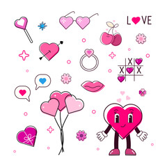 Set Valentines day. Lovely heart.  Wedding and love concept.  Heart characters girl, women, female and elements. Romantic element — hearts, gift, lips, balloons, ring, tic tac toe, cherry.