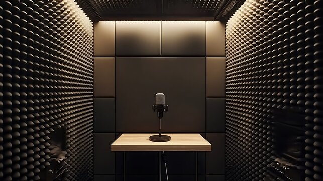 Modern recording studio vocal booth with microphone.