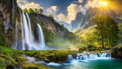 Breathtaking Fantasy Landscape with Majestic Waterfalls and Lush Greenery A Stunning Panorama of Natures Wonders, Where Enchantment Meets Serene Beauty in a Dreamlike Setting.