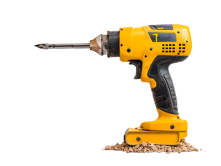 Yellow Electric Drill with Wood Shavings Isolated on White

