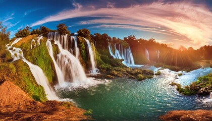 Breathtaking Fantasy Landscape Featuring Majestic Waterfalls and a Stunning Panorama of Lush Greenery, Enchanted Mountains, and a Serene Sky, Perfect for Escaping into a Dreamlike World of 