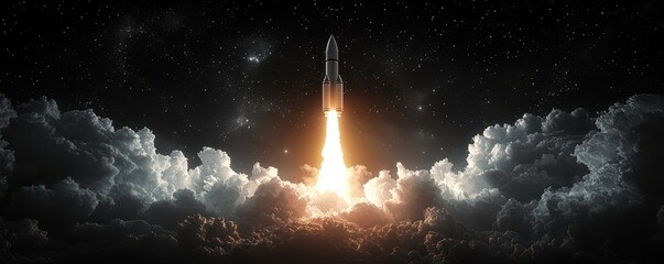 Obraz premium A rocket launches through clouds, illuminating the dark sky with flames, symbolizing the quest for exploration and the wonders of space.