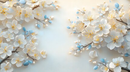 Delicate White Blossoms With Blue Accents On Branches