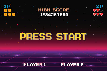 PRESS START. INSERT A COIN TO CONTINUE. pixel art. 8 bit game. retro game. for game assets. Retro Futurism Sci-Fi Background. glowing neon grid. and stars from vintage arcade computer games