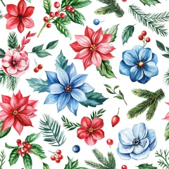 Fotobehang Tropische Bladeren Festive watercolor Christmas pattern. Flowers, pine branches, holly berries, seamless winter design, holiday decorations  © Hanna
