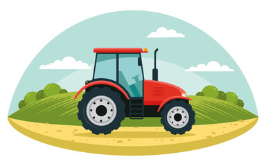 Red tractor working in the field. Tractor on the background of the landscape. Vector illustration. Flat design © Andrew