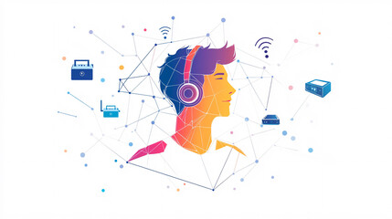 Fototapeta premium A geometric figure of a man with a headset, surrounded by minimal network lines and floating router icons. 