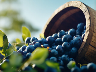 A pile of ripe blueberries spilling from a rustic wooden barrel, surrounded by green leaves under natural light.