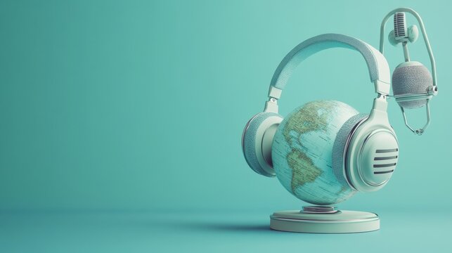 Global Broadcasting: A World of Audio with Vintage Headphones and Microphone - Powered by Adobe