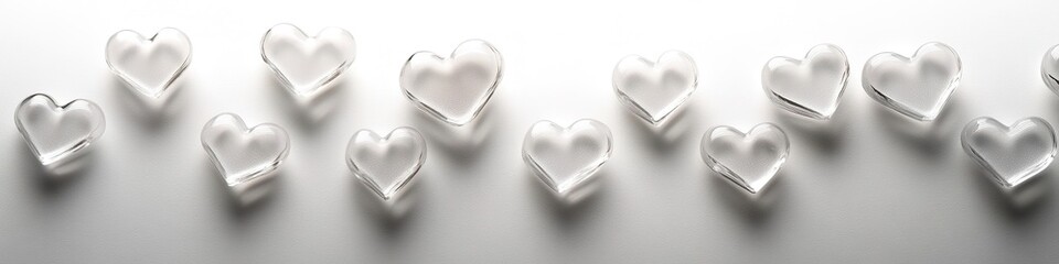 Fototapeta premium scattering of small translucent hearts lies neatly on blank white background softly illuminated with subtle shadows