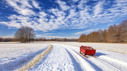 A photostock of a red sleigh filled with presents, on a snow-covered field Christmas Christmas tree