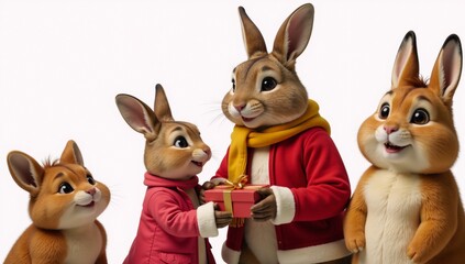 Fototapeta premium A vintage-style illustration features a loving dad rabbit giving a gift box to his animal family all dressed and posed against a white backdrop