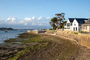 Paysage c&ocirc;tier &agrave; mar&eacute;e basse de la pointe de la Lenn sur la presqu'&icirc;le de P&eacute;nerf, commune fran&ccedil;aise de Damgan dans le Morbihan, au sud de la Bretagne, France, Europe.