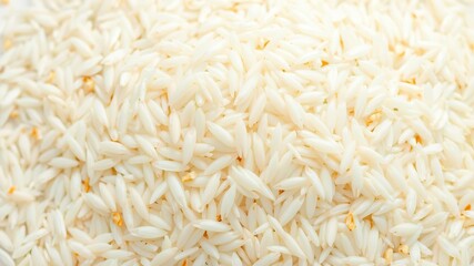 A close-up shot of a mound of fluffy white rice grains isolated on a white background, nutrition, food