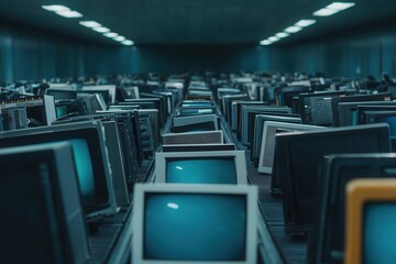 Fototapeta premium Recycling plant conveyor belt with old electronics being sorted, showcasing a high-tech approach to recycling electrical waste, [Electrical recycling], [high-tech recycling plant]