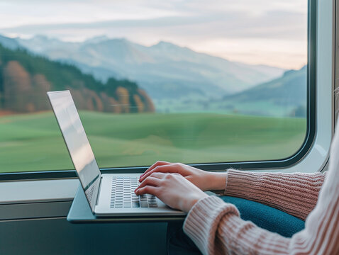 A woman types on a sleek laptop placed on the small table of a train compartment. - Powered by Adobe