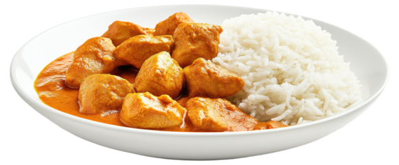 Butter chicken with white rice served in a bowl
