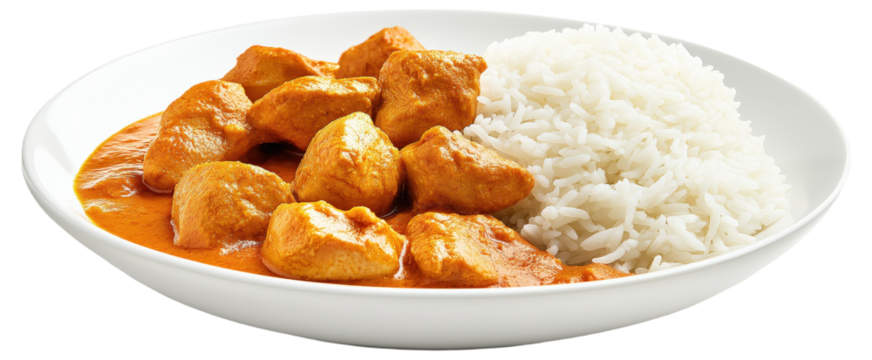 Butter chicken with white rice served in a bowl