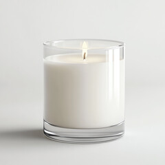 A serene candle in a glass holder, radiating warmth and relaxation in a minimalistic setting.